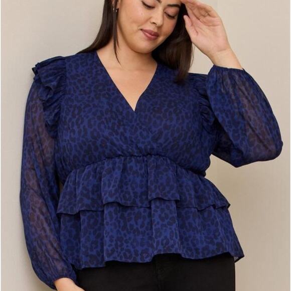 Torrid Chiffon Ruffled Surplice Crop Top 2X Plus Blue‎ Leopard Print - Picture 1 of 8